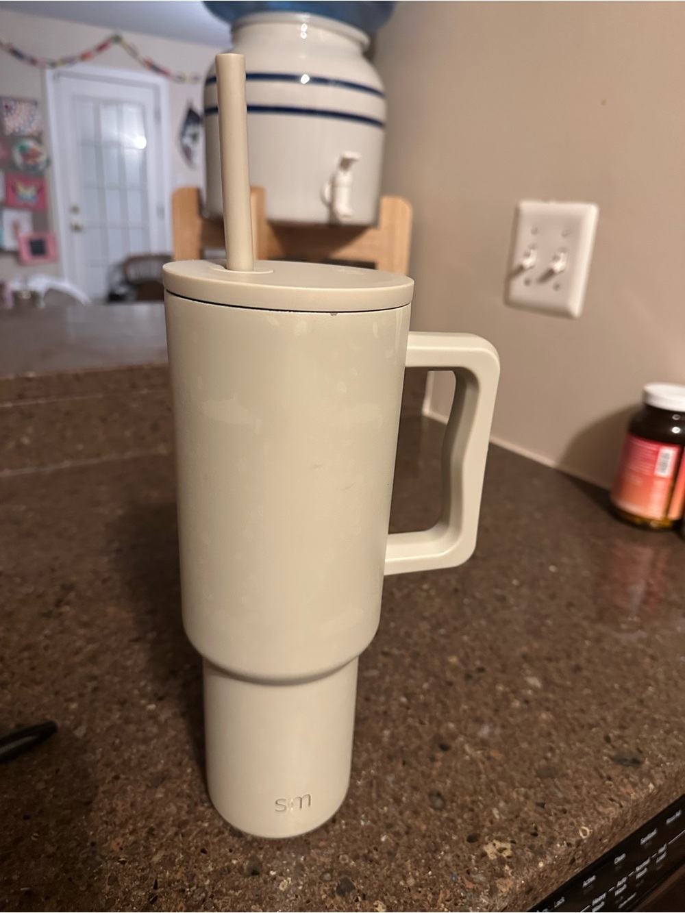 Insulated Sand colored Travel Tumbler with Handle and Straw